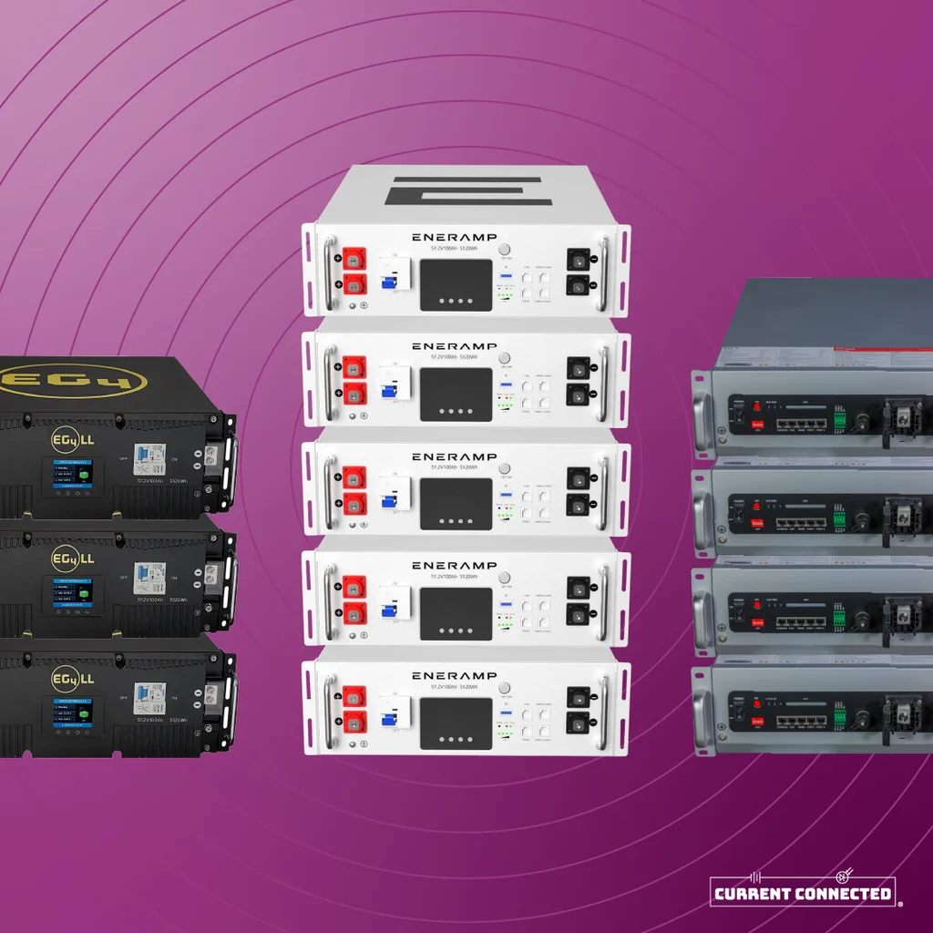 Photo showing stacks of server rack batteries.